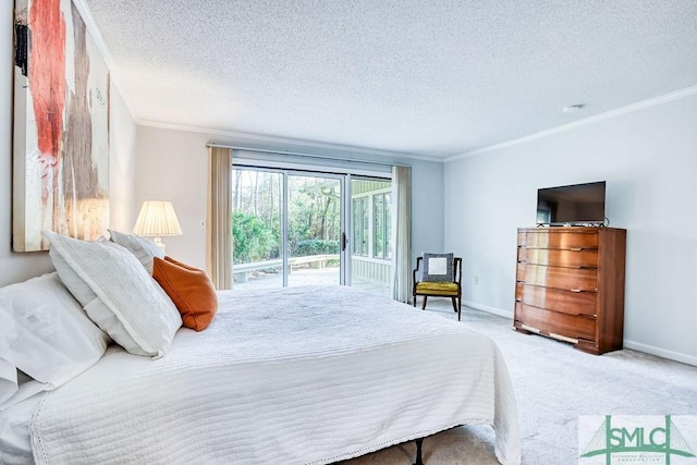 carpeted bedroom featuring crown molding, access to outside, and a textured ceiling