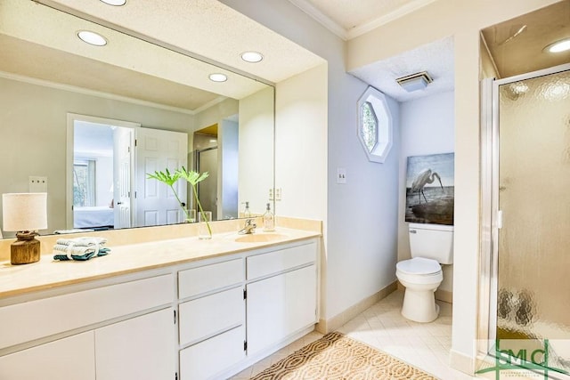 bathroom featuring walk in shower, toilet, ornamental molding, vanity, and tile patterned flooring