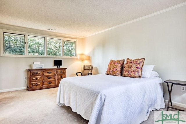 carpeted bedroom with crown molding, multiple windows, and a textured ceiling