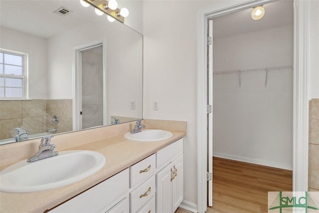 bathroom with hardwood / wood-style flooring and vanity