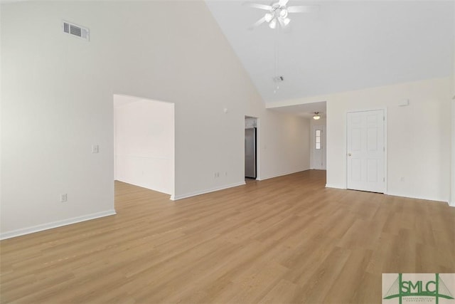 unfurnished living room featuring ceiling fan, high vaulted ceiling, and light hardwood / wood-style floors