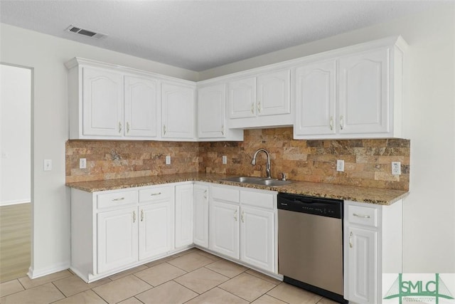 kitchen with sink, white cabinetry, dark stone countertops, dishwasher, and decorative backsplash