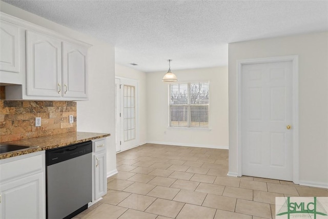 kitchen with white cabinetry, dark stone countertops, decorative backsplash, hanging light fixtures, and stainless steel dishwasher