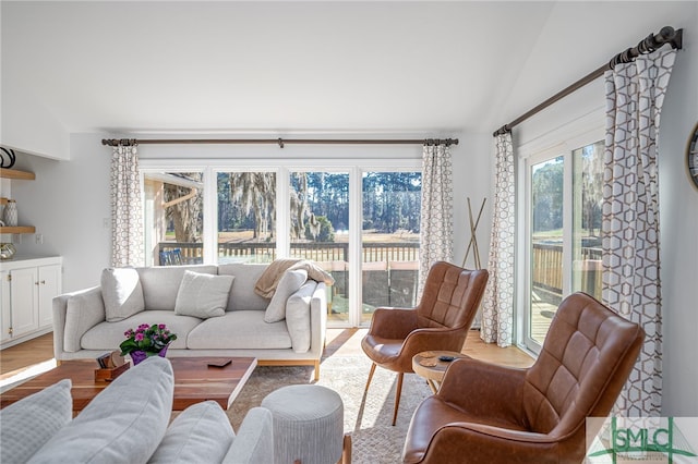 living room featuring vaulted ceiling and light hardwood / wood-style flooring