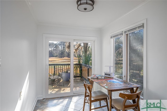 interior space with ornamental molding and light tile patterned floors