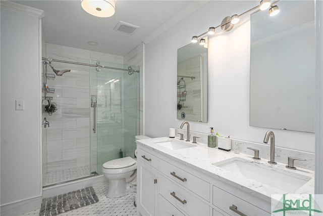 bathroom featuring walk in shower, vanity, toilet, and crown molding