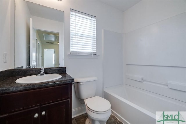 full bathroom featuring bathtub / shower combination, vanity, toilet, and tile patterned floors