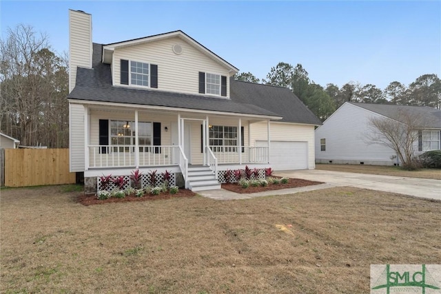 view of front of house featuring a porch, a garage, and a front yard