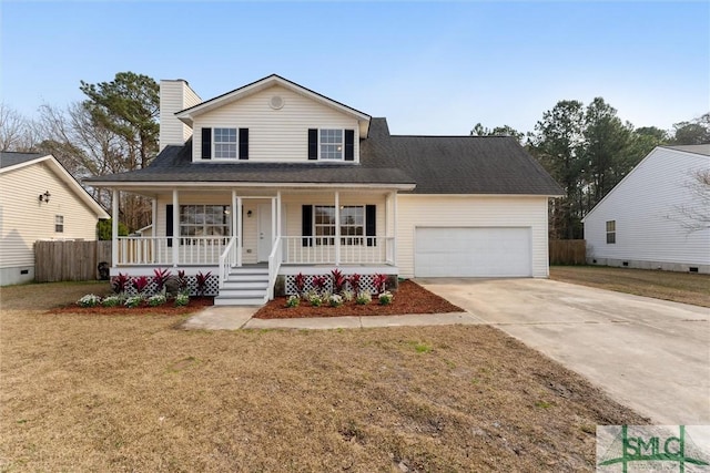 view of front facade with a garage, covered porch, and a front lawn