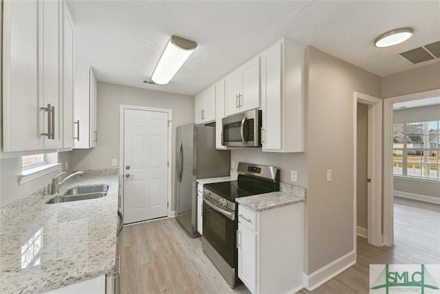 kitchen featuring white cabinetry, stainless steel appliances, sink, and light stone counters