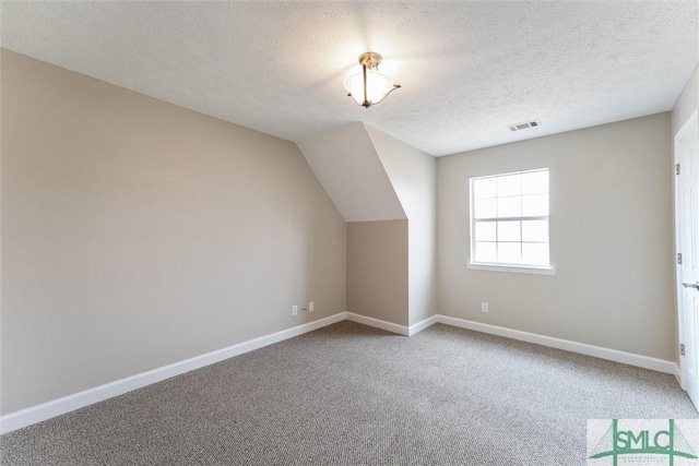 additional living space with vaulted ceiling, carpet, and a textured ceiling