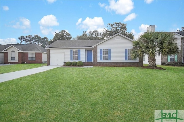 ranch-style home featuring a garage and a front yard