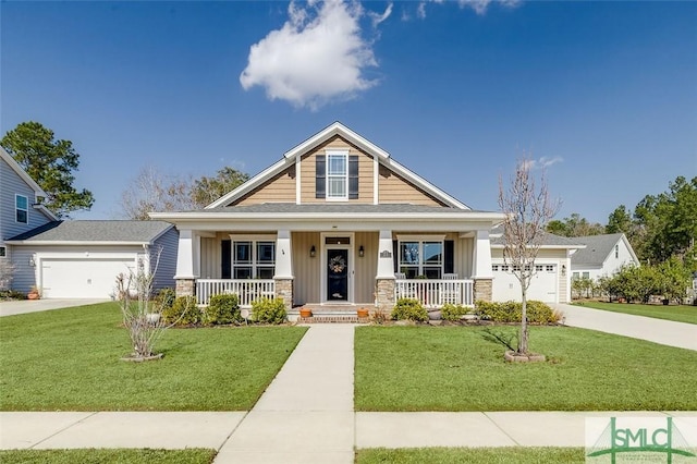 craftsman-style house with a garage, a front lawn, and a porch