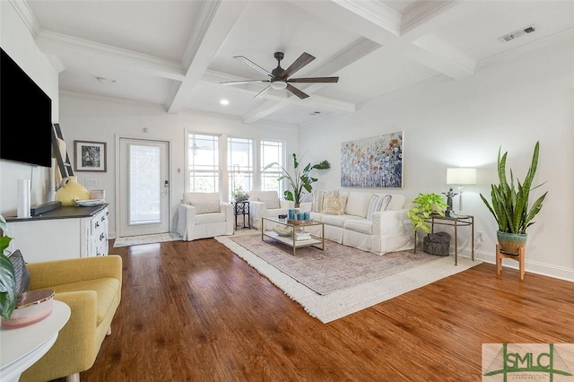 living room featuring hardwood / wood-style flooring, ornamental molding, coffered ceiling, ceiling fan, and beam ceiling