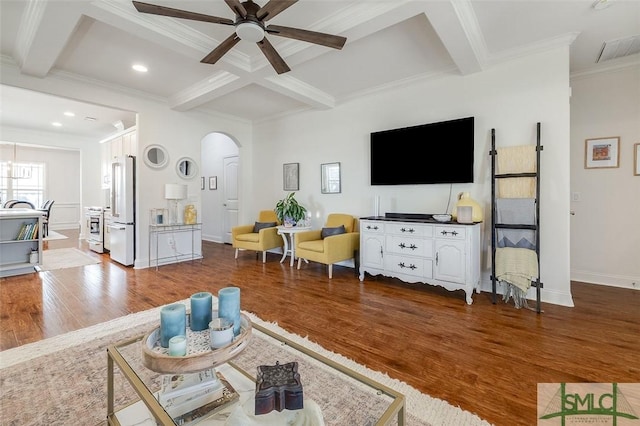 living room with ceiling fan, beam ceiling, coffered ceiling, ornamental molding, and dark hardwood / wood-style flooring