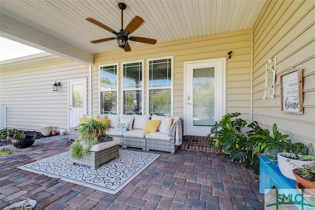 view of patio / terrace featuring ceiling fan and an outdoor hangout area