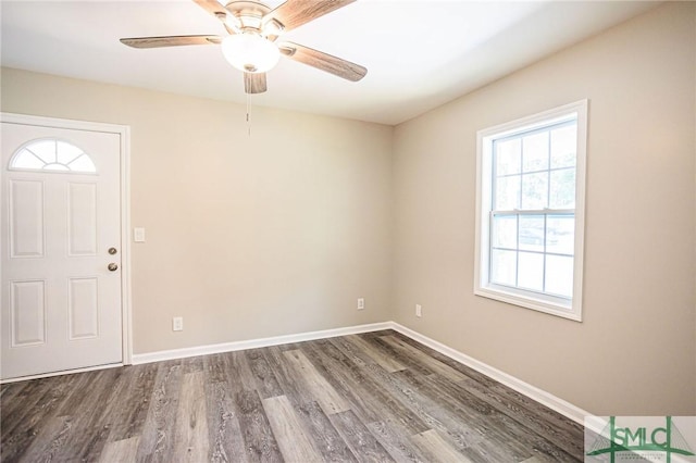 foyer with wood-type flooring and ceiling fan