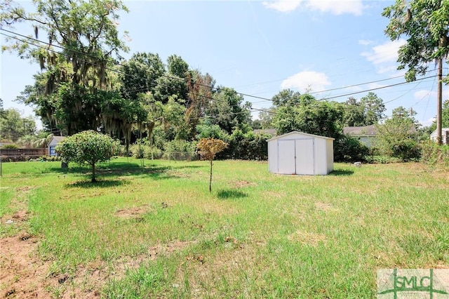 view of yard with a storage shed