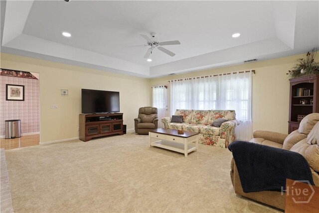 1280 Little Mccall Rd, Guyton, GA 31312 - living area with a raised ceiling, a ceiling fan, carpet flooring, recessed lighting, and baseboards