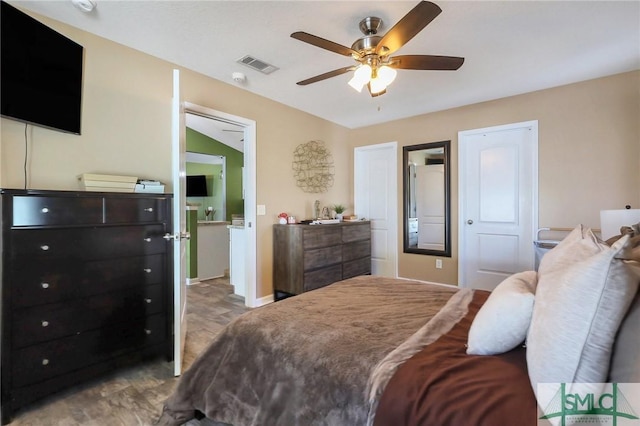 bedroom featuring light hardwood / wood-style flooring and ceiling fan