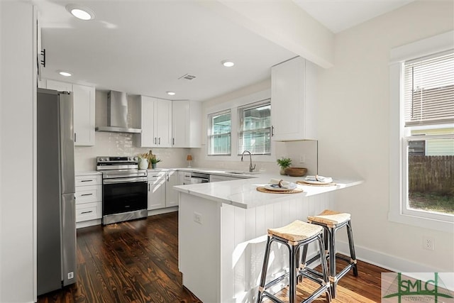 kitchen with a breakfast bar, white cabinetry, stainless steel appliances, kitchen peninsula, and wall chimney exhaust hood