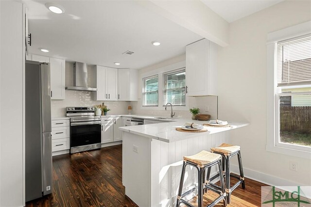 1108 E 39th St, Savannah, GA 31404 - kitchen with stainless steel appliances, wall chimney range hood, a peninsula, a sink, and dark wood-style floors