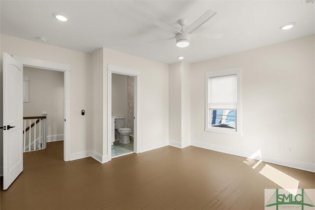 1108 E 39th St, Savannah, GA 31404 - unfurnished bedroom featuring baseboards, dark wood-style flooring, recessed lighting, connected bathroom, and a ceiling fan