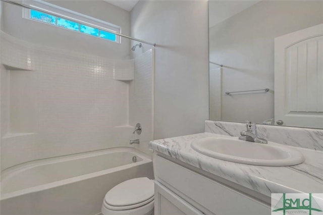 full bathroom with  shower combination, toilet, and vanity