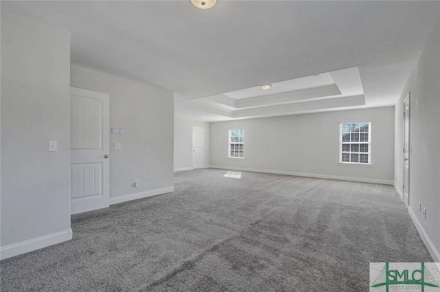 unfurnished room with carpet flooring and a raised ceiling