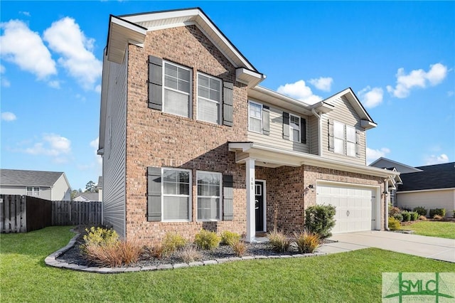 view of front of property featuring a garage and a front lawn