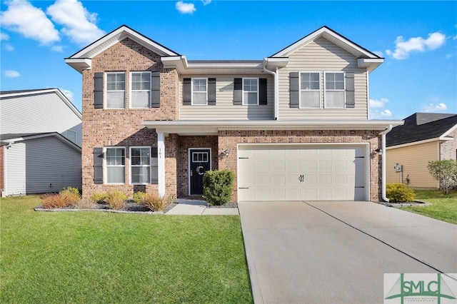 view of front facade featuring a garage and a front lawn