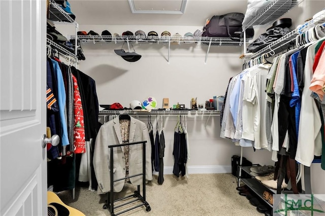 walk in closet featuring carpet flooring