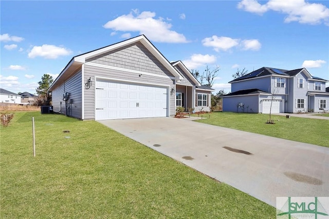 view of front of home with cooling unit and a front lawn