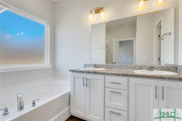 bathroom with vanity, a bathing tub, and a healthy amount of sunlight