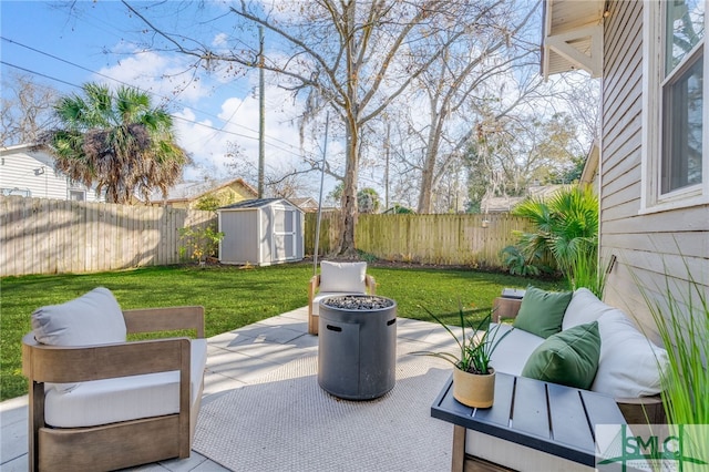 view of patio featuring a shed