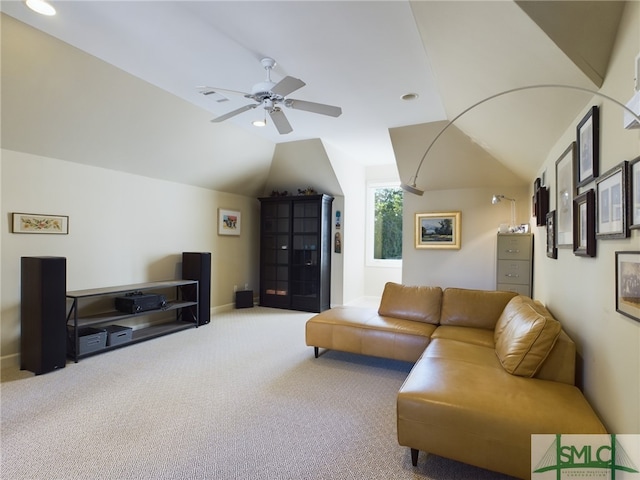 carpeted living room featuring lofted ceiling and ceiling fan