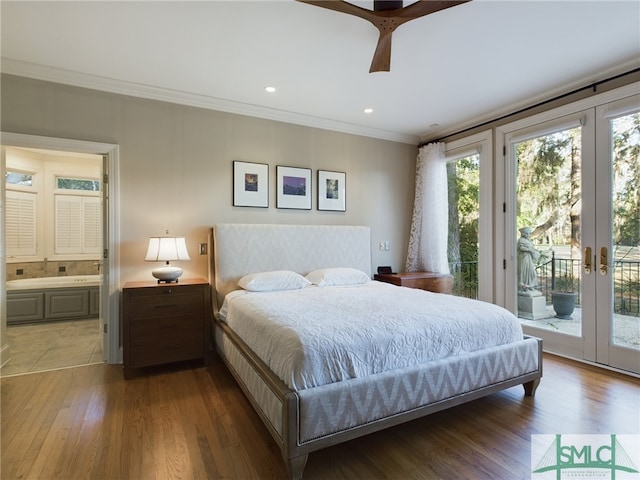 bedroom featuring french doors, ensuite bath, ornamental molding, access to exterior, and hardwood / wood-style floors