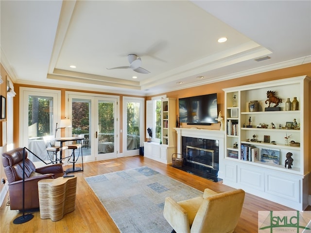 living room with a high end fireplace, plenty of natural light, and a raised ceiling