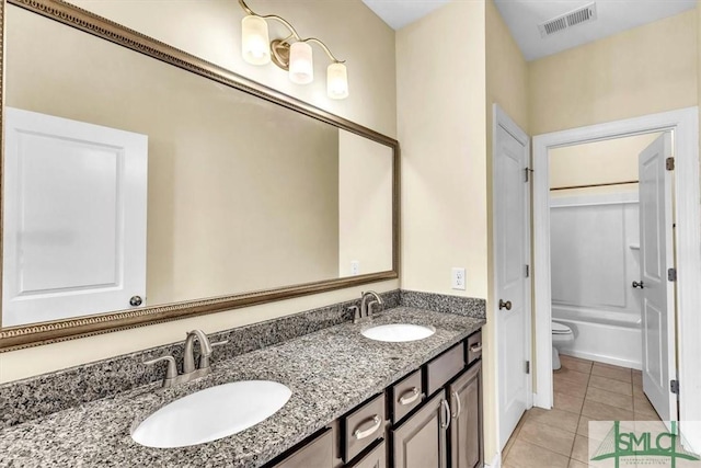 full bathroom featuring tile patterned floors, toilet,  shower combination, and vanity