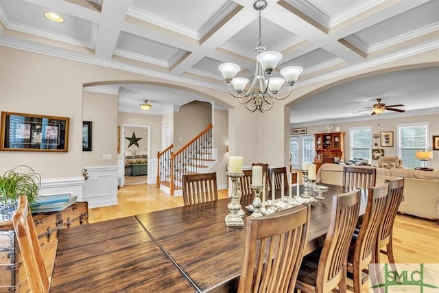 dining area featuring beamed ceiling, coffered ceiling, and light hardwood / wood-style floors