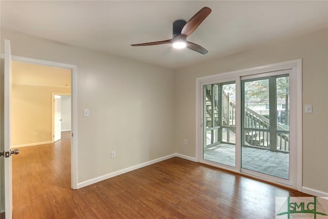 unfurnished room with ceiling fan and light wood-type flooring