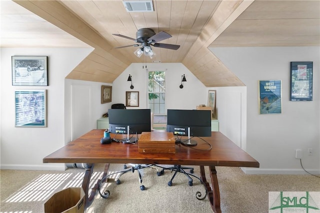 office featuring lofted ceiling, carpet floors, wooden ceiling, and ceiling fan