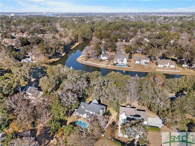 drone / aerial view featuring a water view