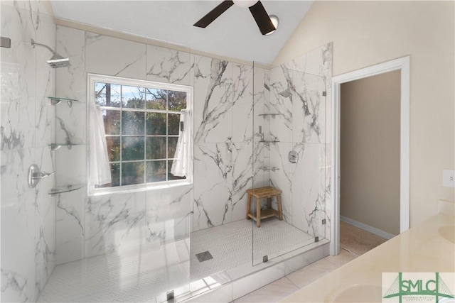 bathroom featuring vaulted ceiling, ceiling fan, and a shower with shower door