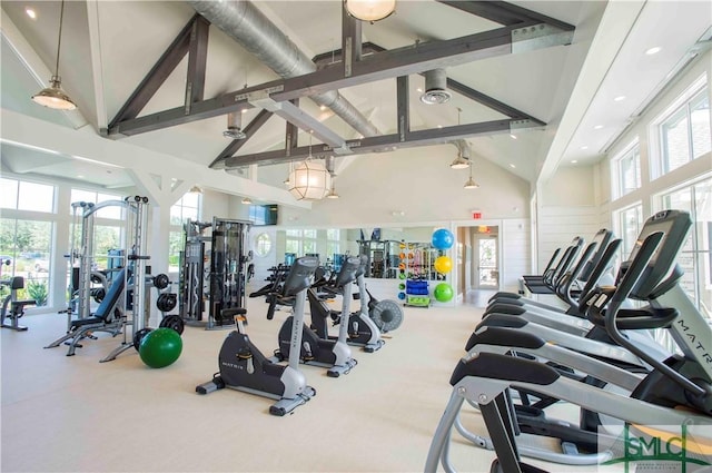 gym with a wealth of natural light and high vaulted ceiling