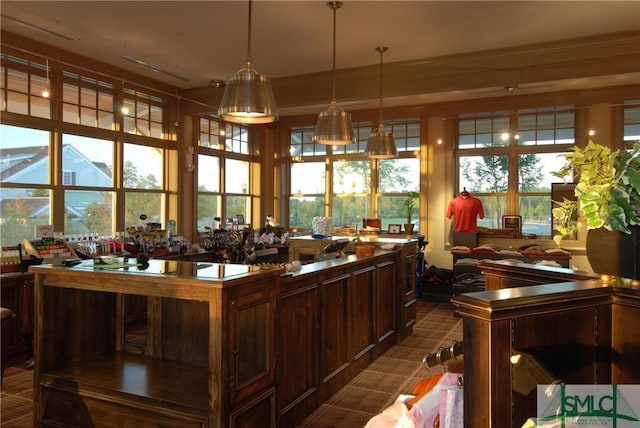 bar featuring a healthy amount of sunlight, dark brown cabinets, and decorative light fixtures