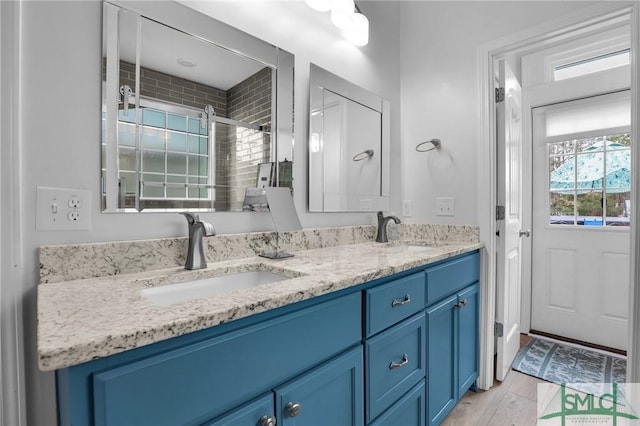 bathroom featuring vanity and hardwood / wood-style floors