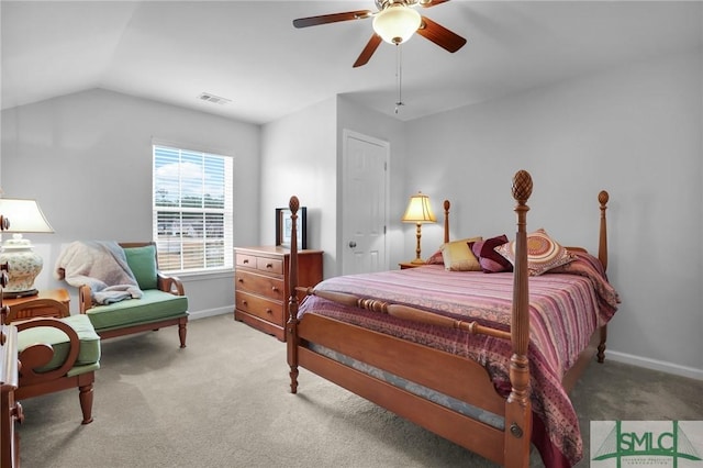 carpeted bedroom featuring vaulted ceiling and ceiling fan