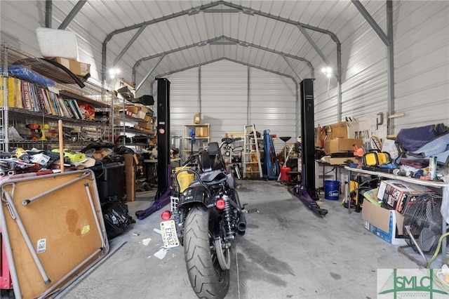 garage with a workshop area