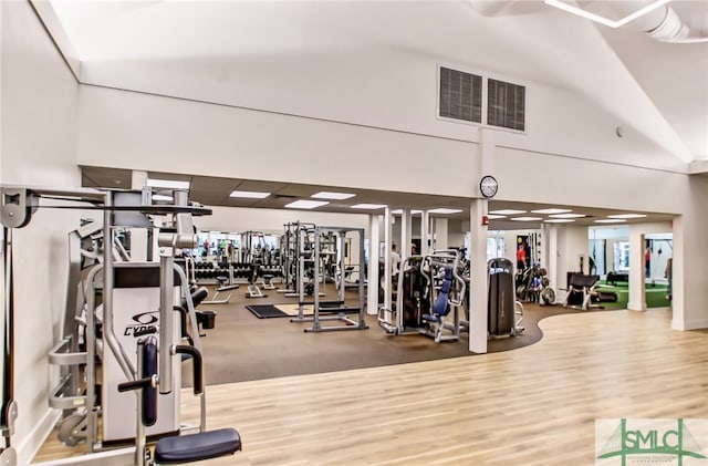 workout area featuring vaulted ceiling and hardwood / wood-style floors